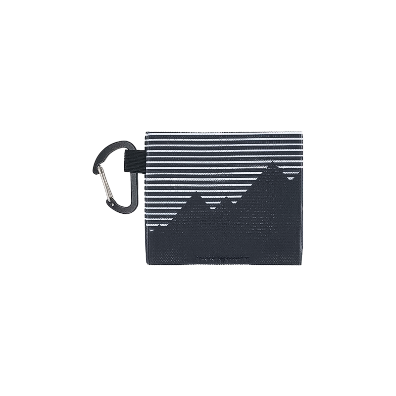 Back of a compact wallet pouch featuring the word "ROAM," made from elastic knit fabric, perfect for securing cards and cash.