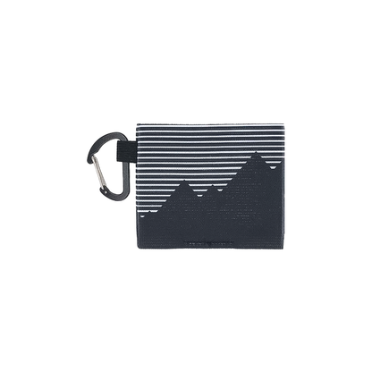 Back of a compact wallet pouch featuring the word "ROAM," made from elastic knit fabric, perfect for securing cards and cash.