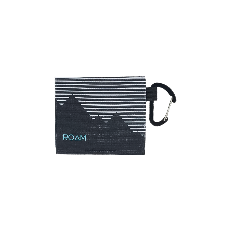 A minimalist wallet pouch labeled "ROAM," designed for cards and cash, made of washable elastic knit fabric.