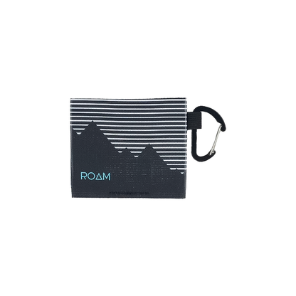 A minimalist wallet pouch labeled "ROAM," designed for cards and cash, made of washable elastic knit fabric.