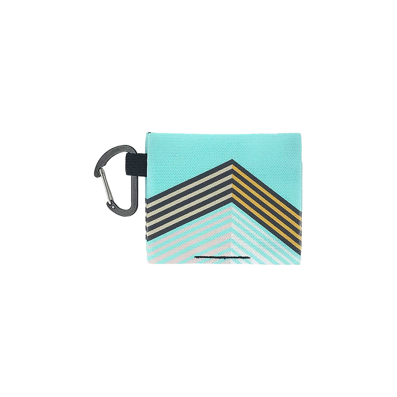 Minimalist wallet with "Roam" printed on it, featuring a single compartment for cards and cash, includes a toy biner.