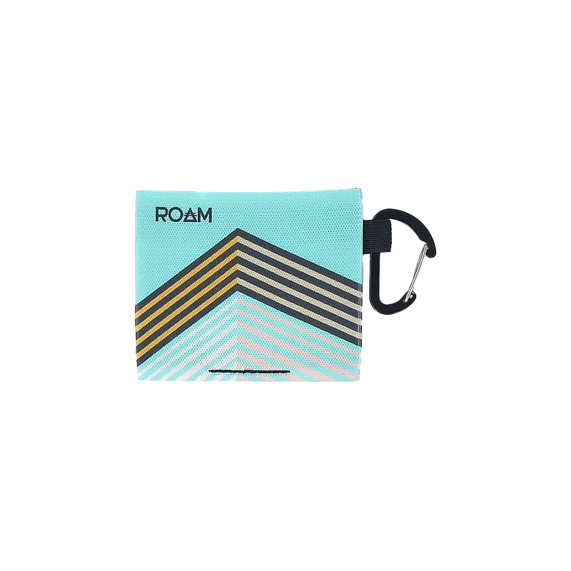 Small pouch labeled "Roam," designed for cards and cash, made of washable elastic knit fabric with a toy biner.