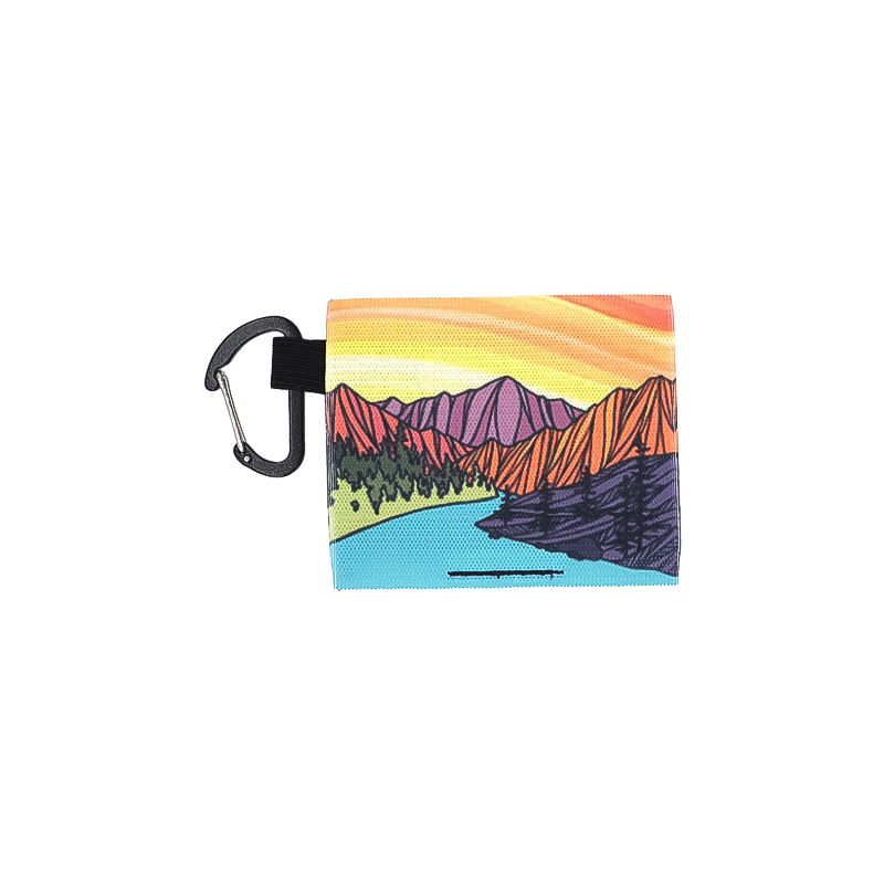 Colorful pocket bag with a mountain scene, perfect for adventure lovers and minimalist card storage.