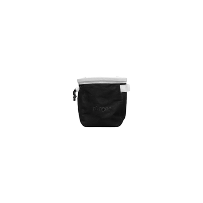 Black chalk bag with a white accent, featuring a roomy opening and adjustable belt for climbing convenience.