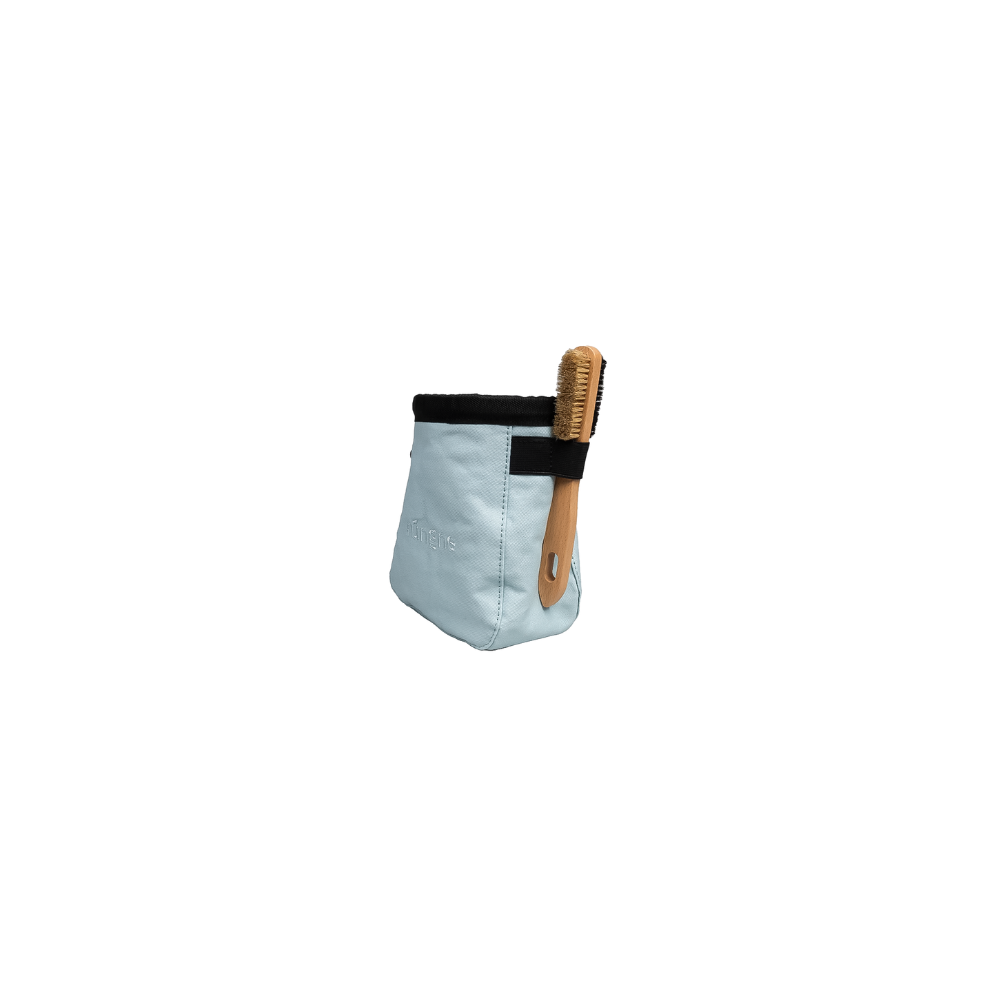 Light blue climbing chalk bag with a wooden brush, showcasing a fleece-lined interior and adjustable belt for comfort and convenience.