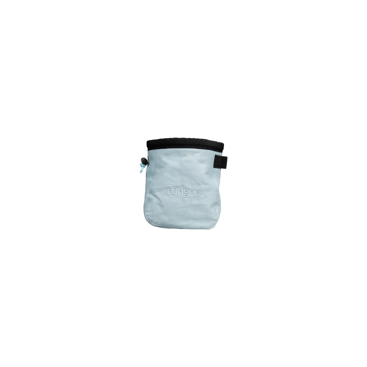 Small light blue chalk bag with a black accent, designed for climbers, featuring a fleece lining and adjustable belt for comfort.