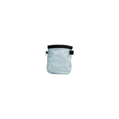 Small light blue chalk bag with a black accent, designed for climbers, featuring a fleece lining and adjustable belt for comfort.