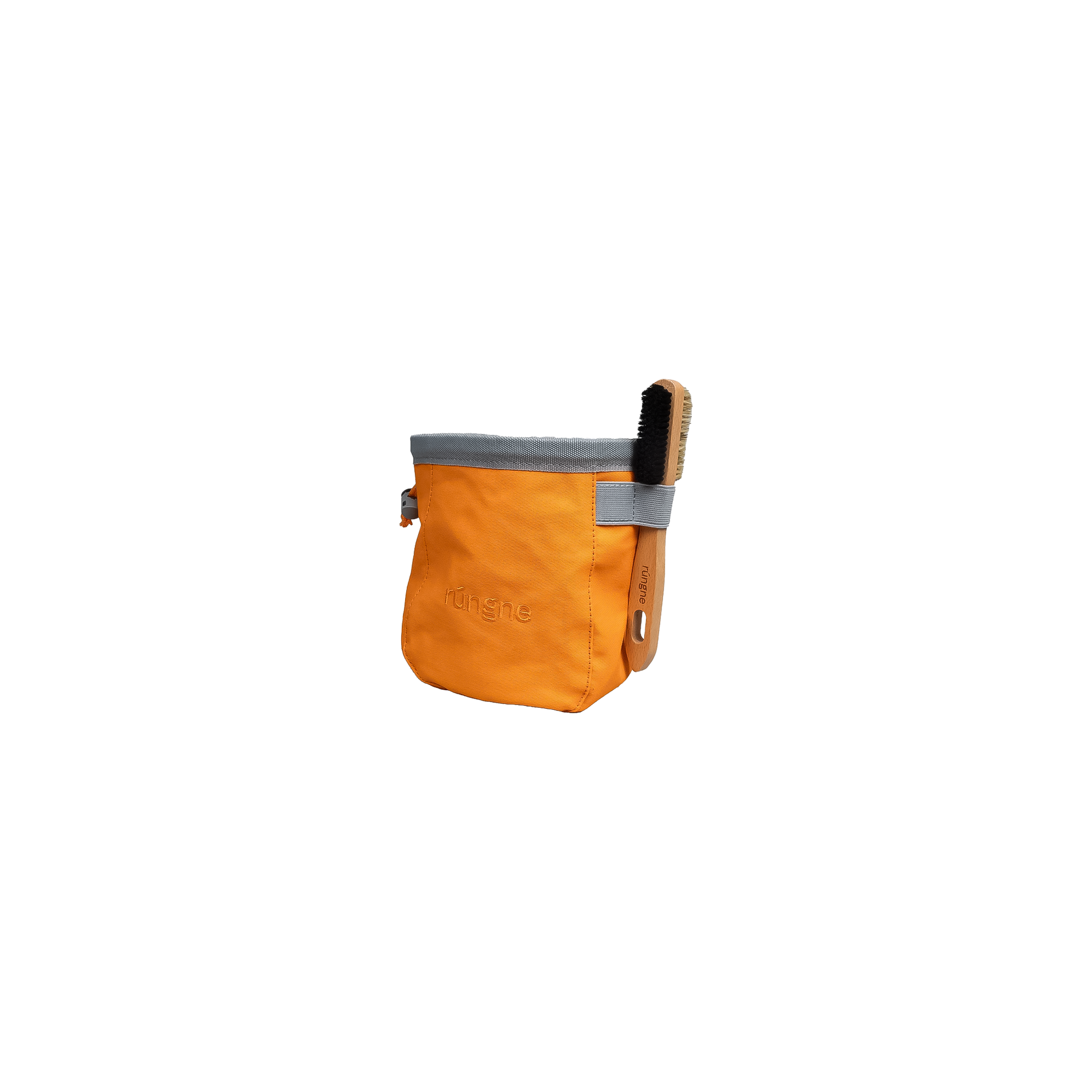 Orange chalk bag with a wooden brush, designed for climbers, offering easy access to chalk and secure transport.