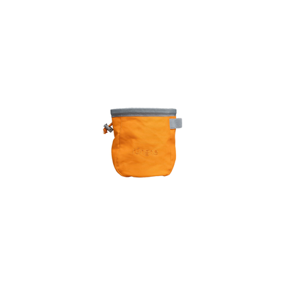 Orange climbing chalk bag with gray accent, featuring a roomy opening and durable canvas exterior for easy access to chalk.