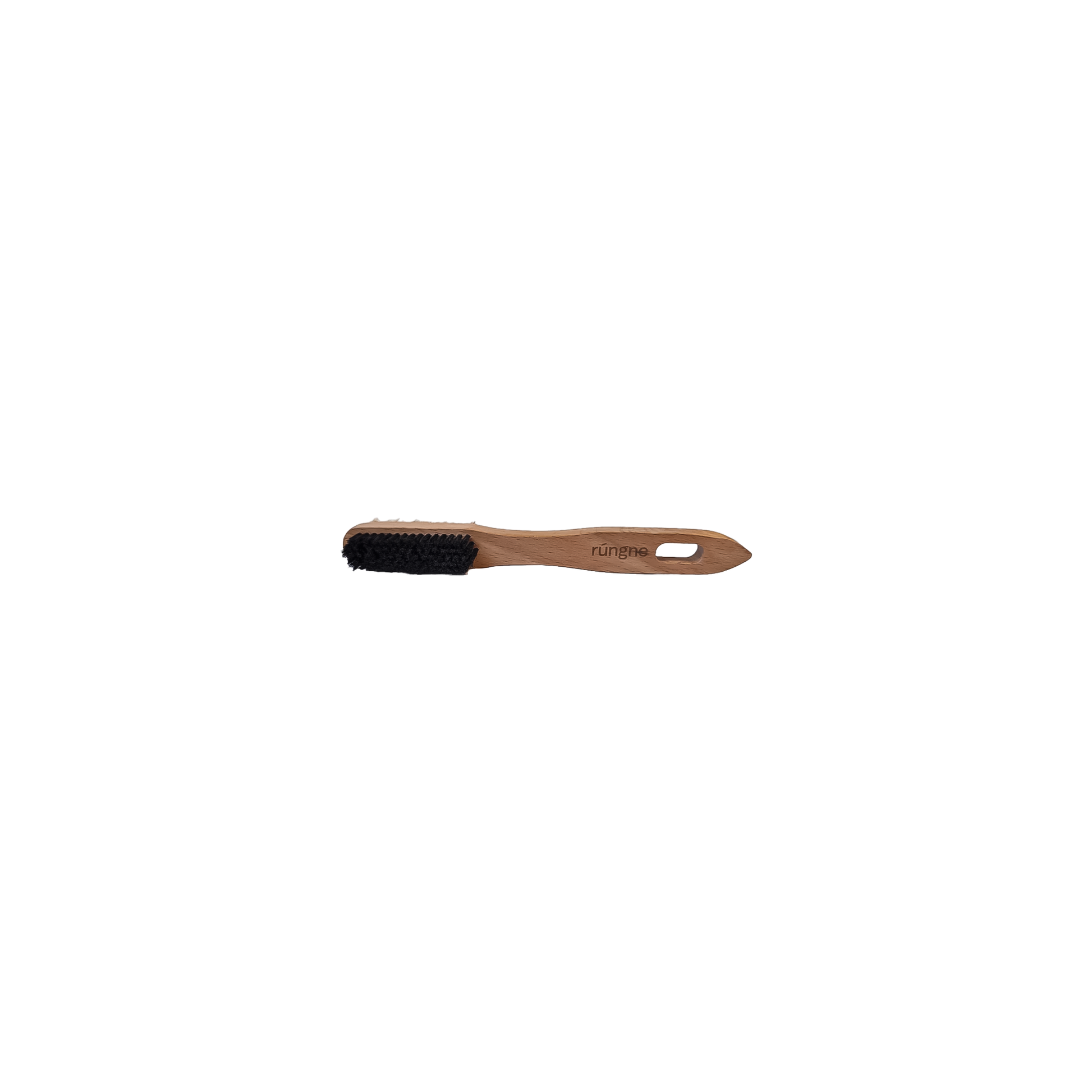 Rúngne climbing brush with a solid beech wood handle and dual-sided bristles, designed for cleaning chalk from holds.