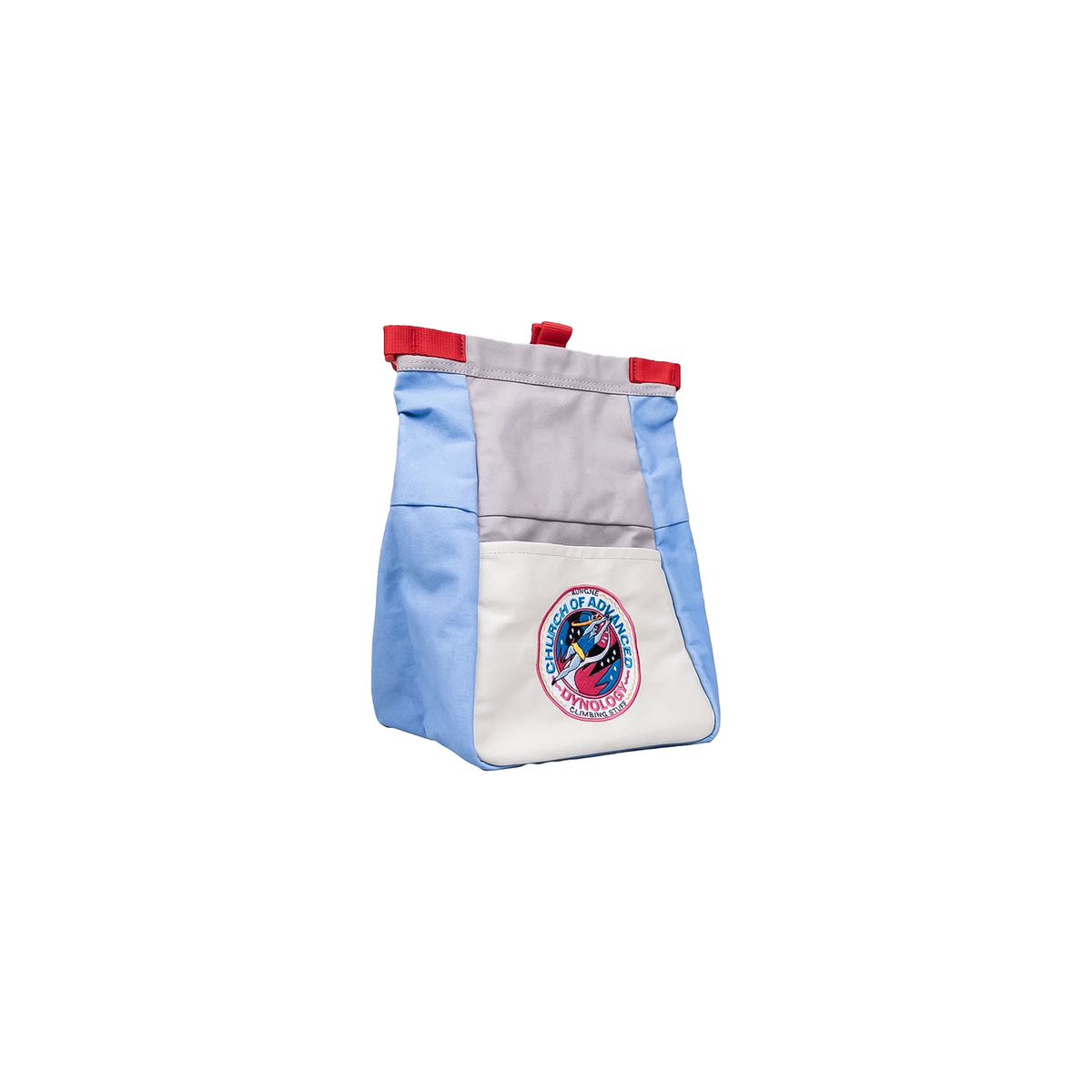 Blue, white, and gray chalk bucket with a logo, designed for bouldering, featuring a magnetic closure and fleece-lined interior.