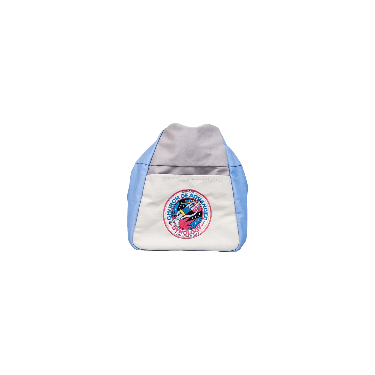 Stylish blue, gray, and white chalk bucket with a logo, designed for stability and quick access during bouldering sessions.