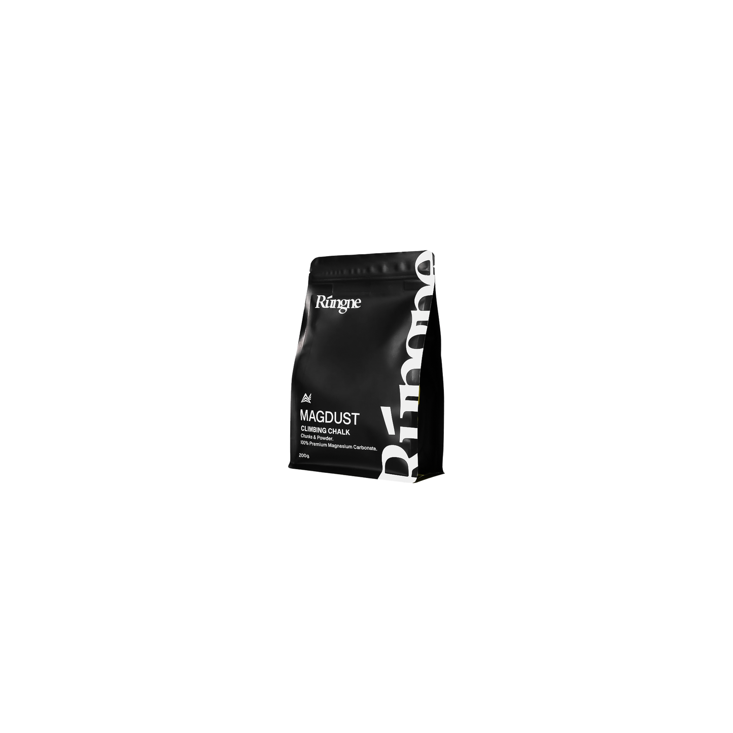 A bag of Rúngne Magdust Chalk on a white background, showcasing its compact design for climbers' use.