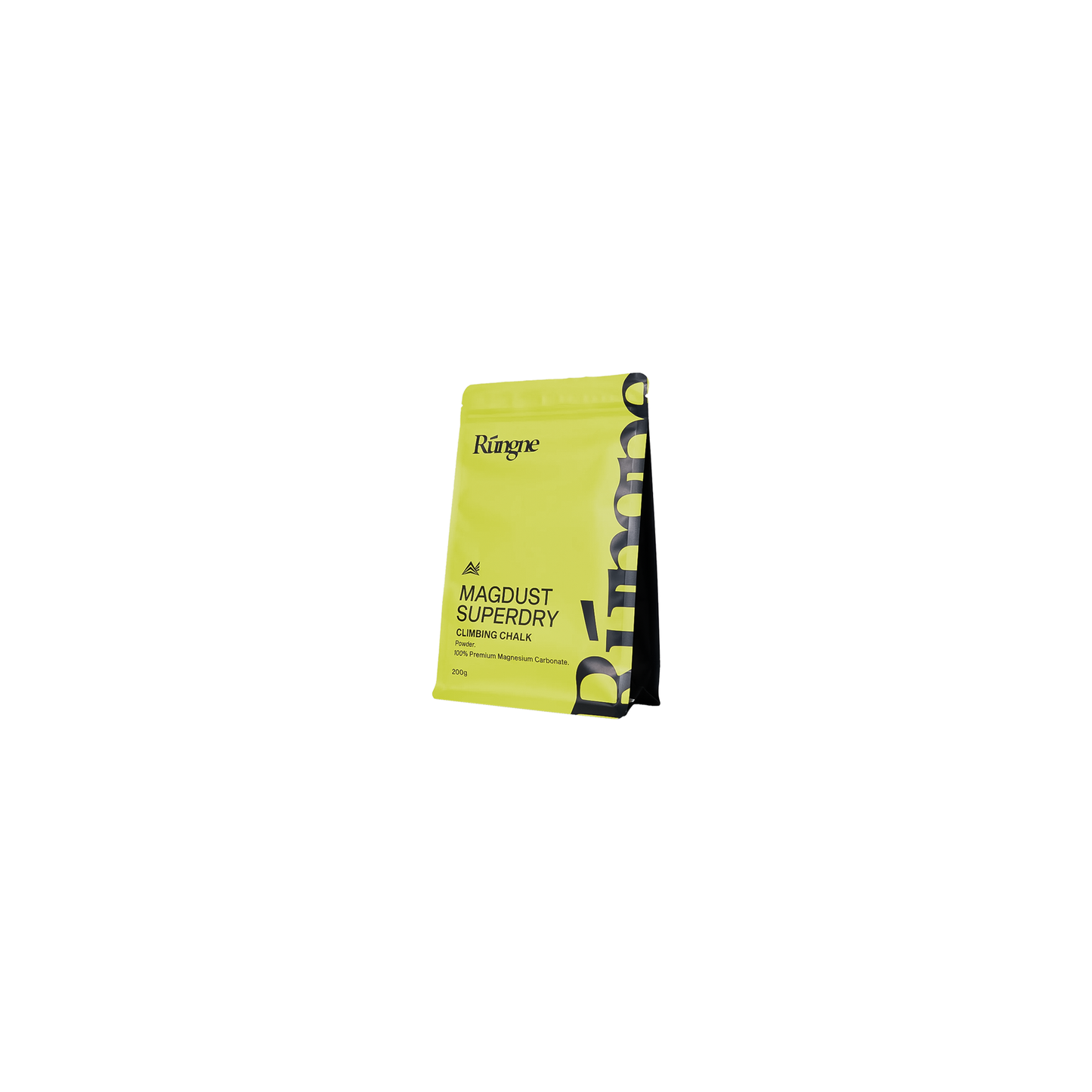 Rúngne Magdust Superdry Chalk in a yellow green resealable bag, ideal for humid climbing conditions, displayed against a white backdrop.