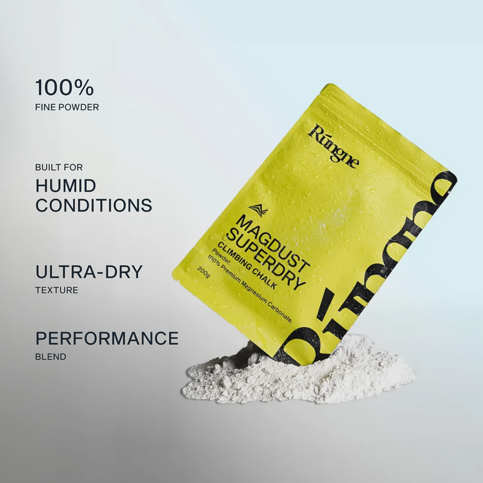 200g pack of Rúngne Magdust Superdry Chalk engineered for climbers needing superior moisture absorption and performance with its features listed beside it.