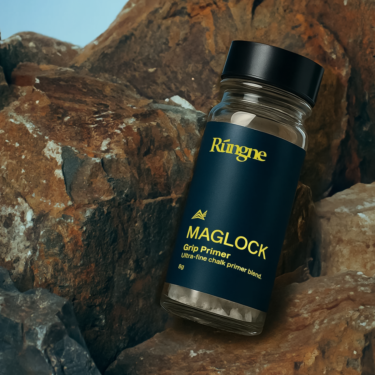Compact 8g pack of Rúngne Maglock Primer, an ultra-fine chalk primer for improved climbing grip and reduced sweat.
