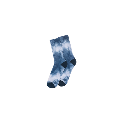 A pair of blue tie-dye socks displayed on a white background, showcasing their breathable and flexible design for everyday wear.