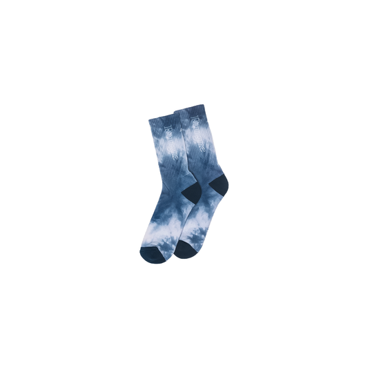 A pair of blue tie-dye socks displayed on a white background, showcasing their breathable and flexible design for everyday wear.
