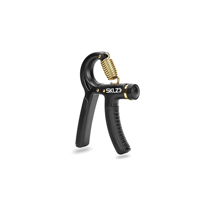 SKLZ black and gold grip strength trainer with a gold handle, perfect for building hand strength and performance.