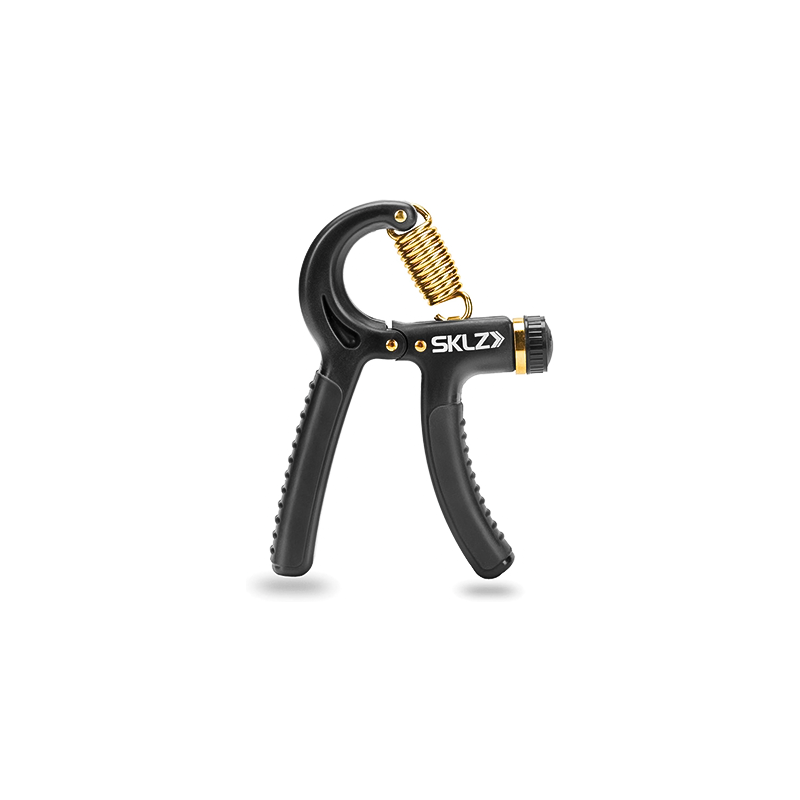 Black and gold grip strength trainer with a gold handle for improving hand and forearm strength.