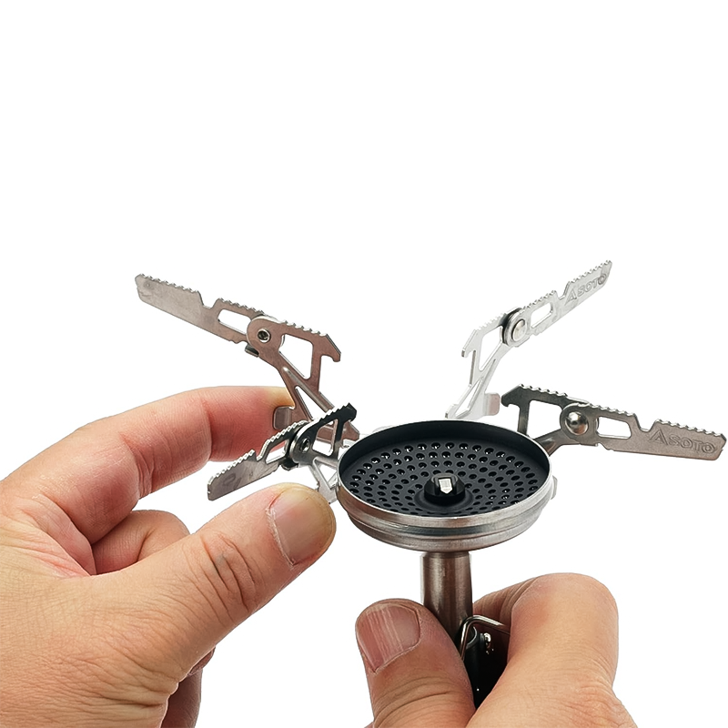 Lightweight and durable SOTO WindMaster canister stove with 4Flex pot support for stable cooking with large pots.