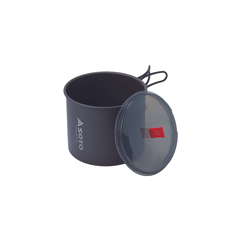 Black camping pot with a lid, ideal for outdoor cooking and portability.