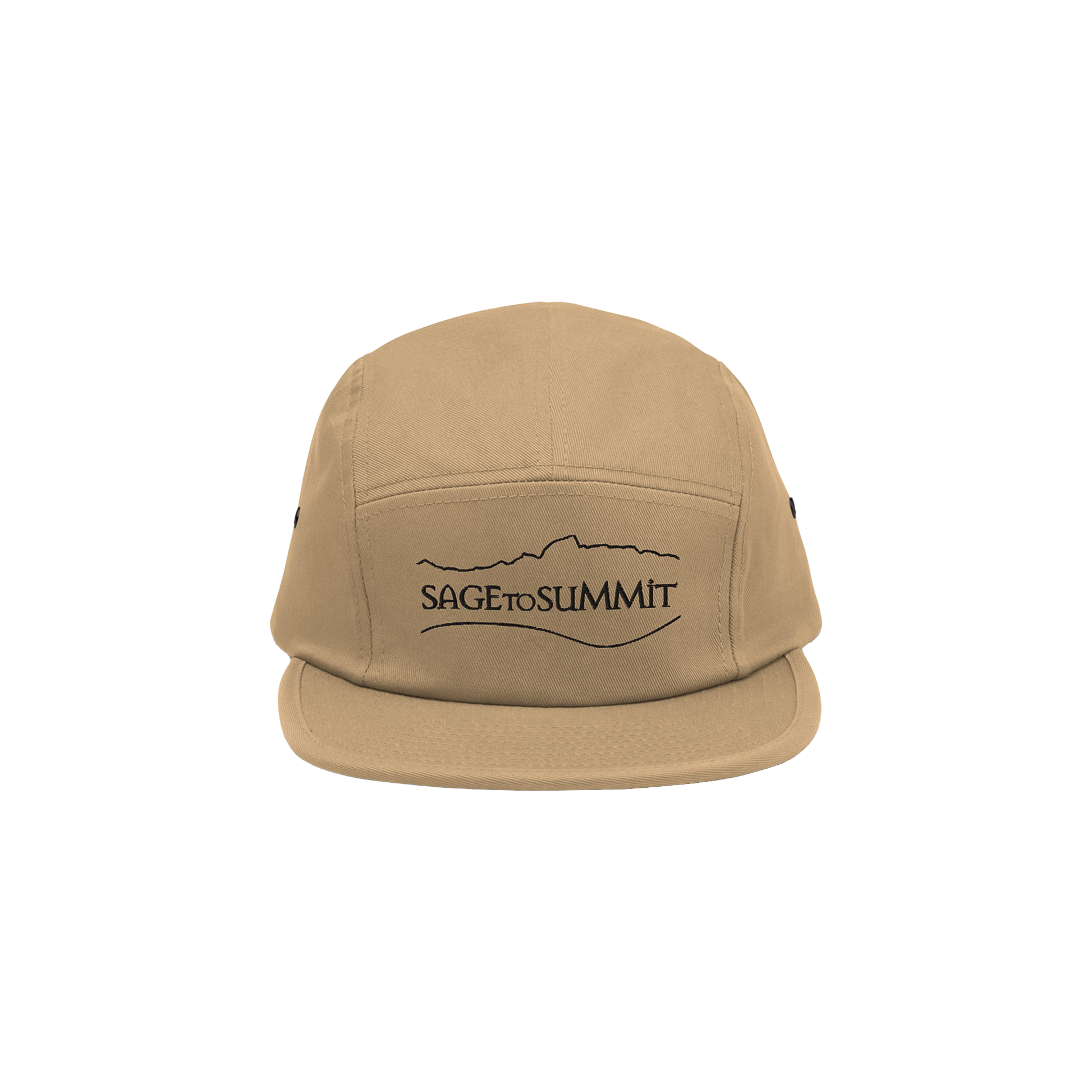 Khaki five-panel hat with "Sage to Summit" text, designed for comfort and style, ideal for outdoor adventures and casual wear