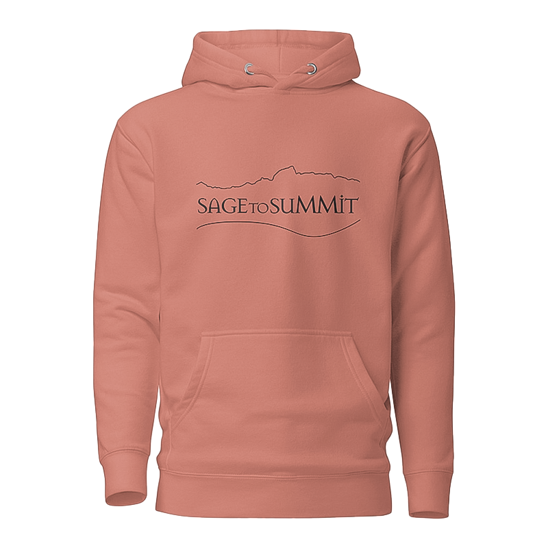 Soft pink hoodie featuring "sage to summit," great for casual use and promotional customization.