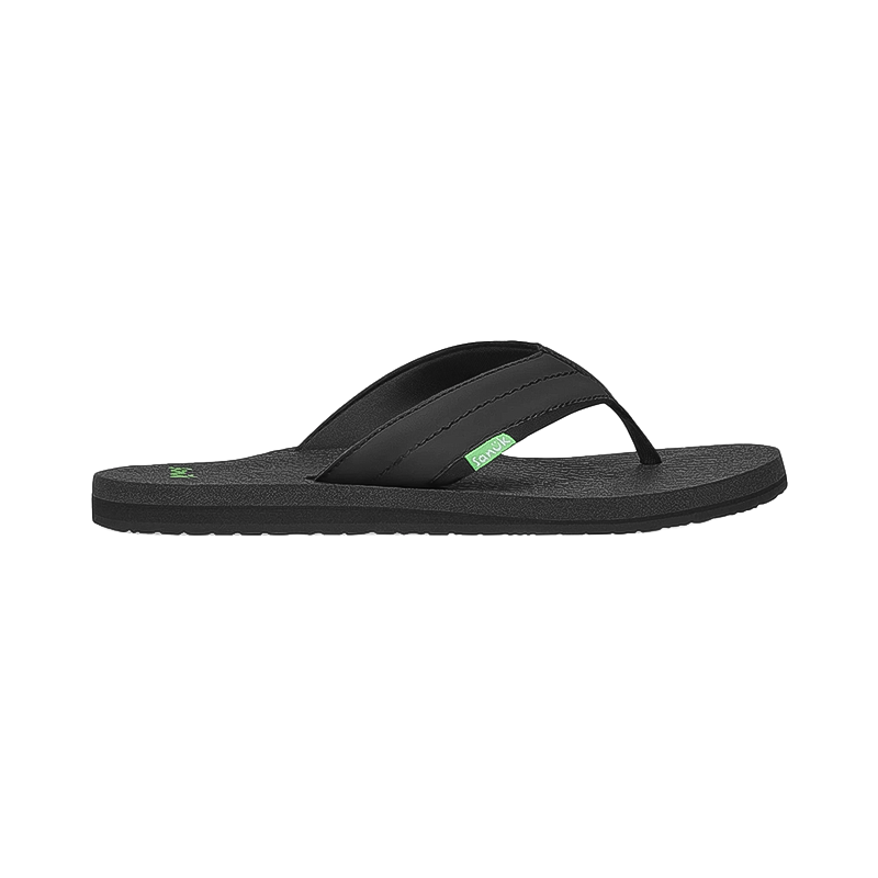 Black flip flop sandals with green trim and a cushioned yoga mat footbed.  
