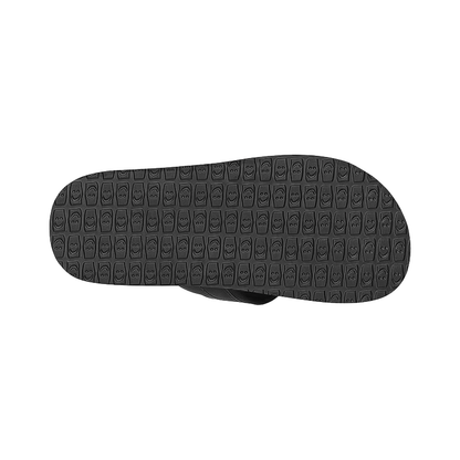 Black flip flop with rubber sole, synthetic leather straps, and yoga mat footbed for comfort.
