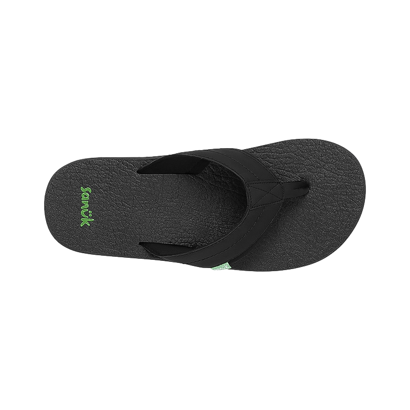 Black leather flip flops with a green logo and cushioned footbed.