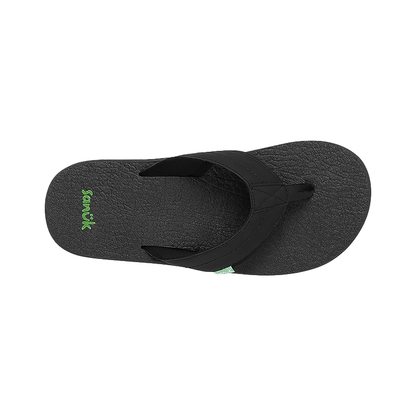 Black leather flip flops with a green logo and cushioned footbed.