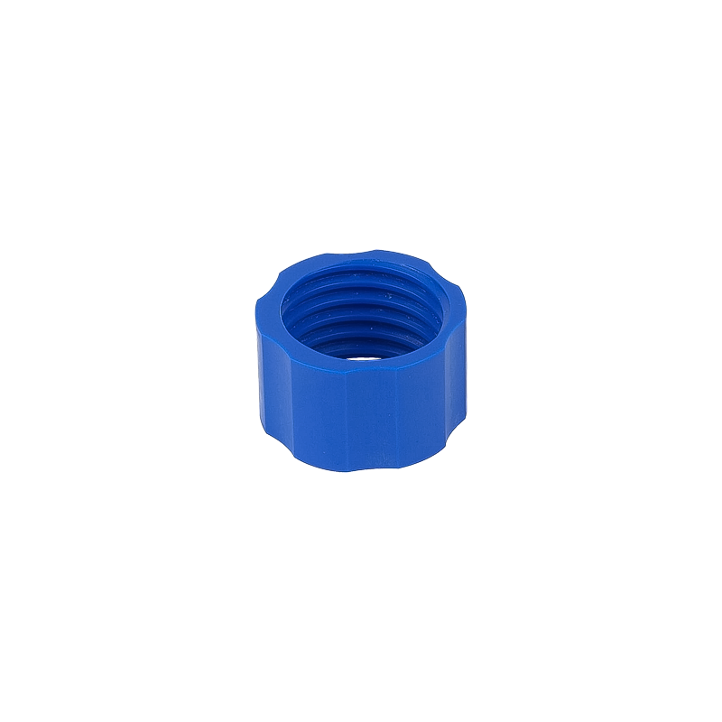 Blue plastic nut for hose fitting, part of the Sawyer Cleaning Coupling for back-flushing Sawyer filters.