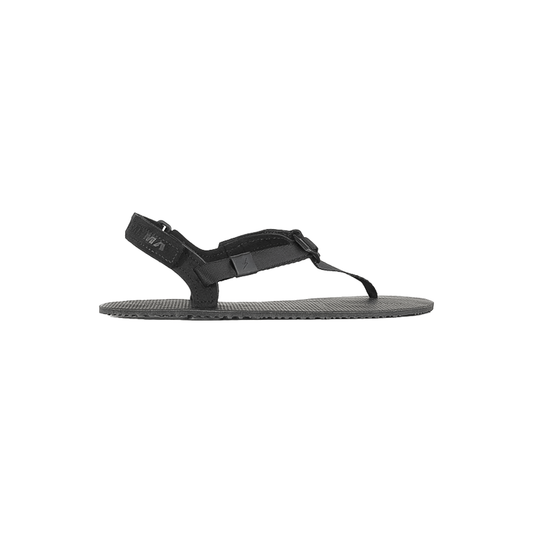 Black minimalist Shamma Elite Warriors sandal with side straps, designed for comfort in running and high-intensity activities.  