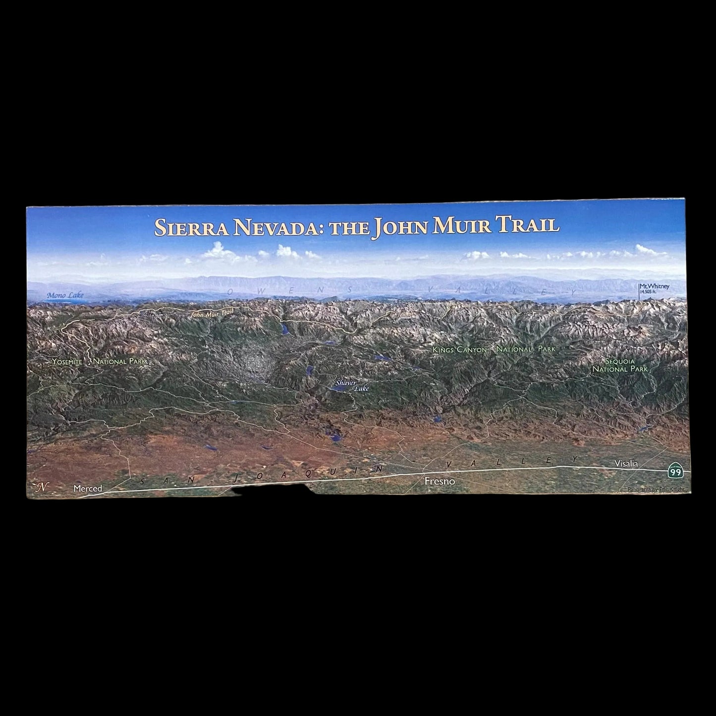 Postcard map of Sierra Nevada with John Muir Trail on a black background