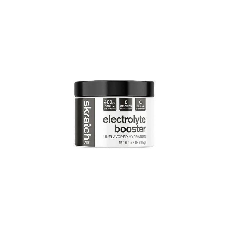 Skratch Labs 100g unflavored, sugar-free electrolyte booster with 400 mg sodium per scoop for hydration.