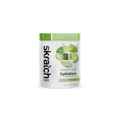 Skratch labs cucumber + lime hydration sport drink mix 15 oz bag on white background