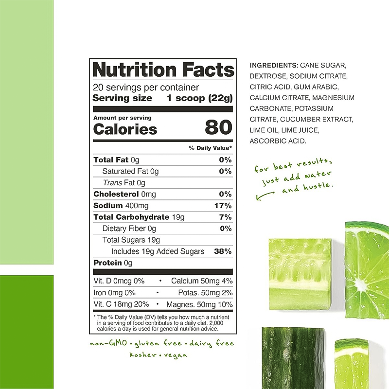 nutrition fact and ingredients label for skratch labs cucumber + lime hydration sport drink mix