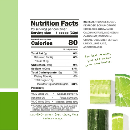 nutrition fact and ingredients label for skratch labs cucumber + lime hydration sport drink mix