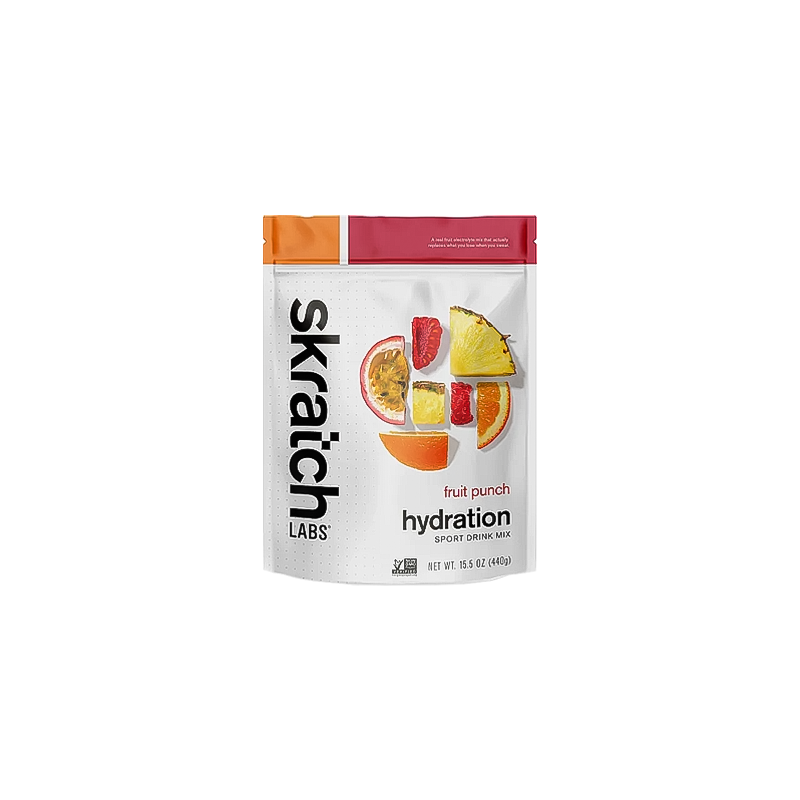 15 oz bag of Skratch Labs fruit punch hydration sports drink mix package on a white background