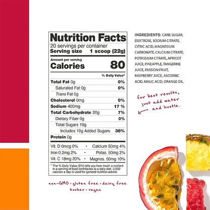 Nutrition Facts label and ingredients list for skartch labs fruit punch hydration sport drink mix