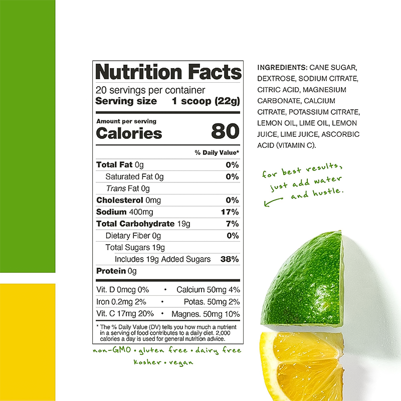 Nutrition facts and ingredients label for skratch labs lemon lime hydration sport drink mix