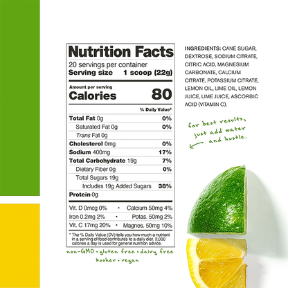 Nutrition facts and ingredients label for skratch labs lemon lime hydration sport drink mix