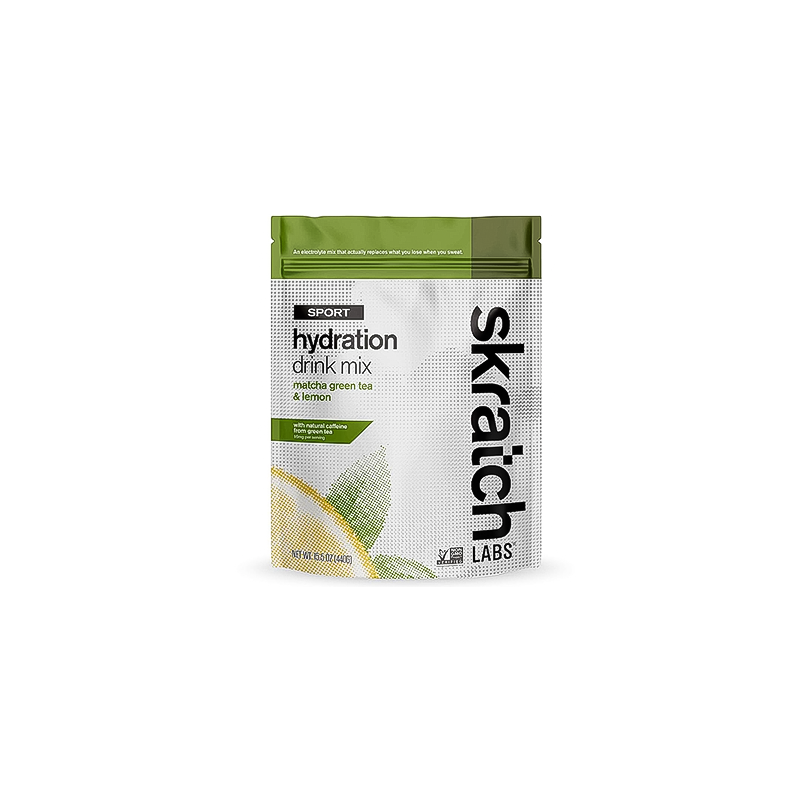 15.5 oz Skratch Labs matcha green tea and lemon hydration sport drink mix package on a white background