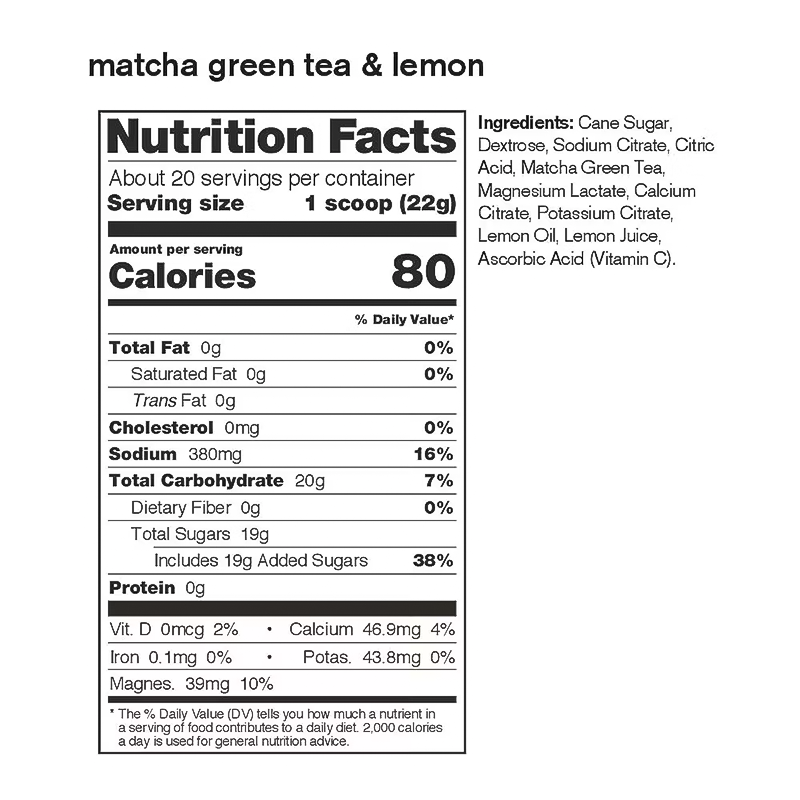 Nutrition Facts and ingredients list label for skratch labs matcha green tea and lemon hydration sport drink mix