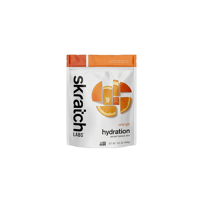 15.5 oz Skratch Labs orange hydration sport drink mix packet on a white background