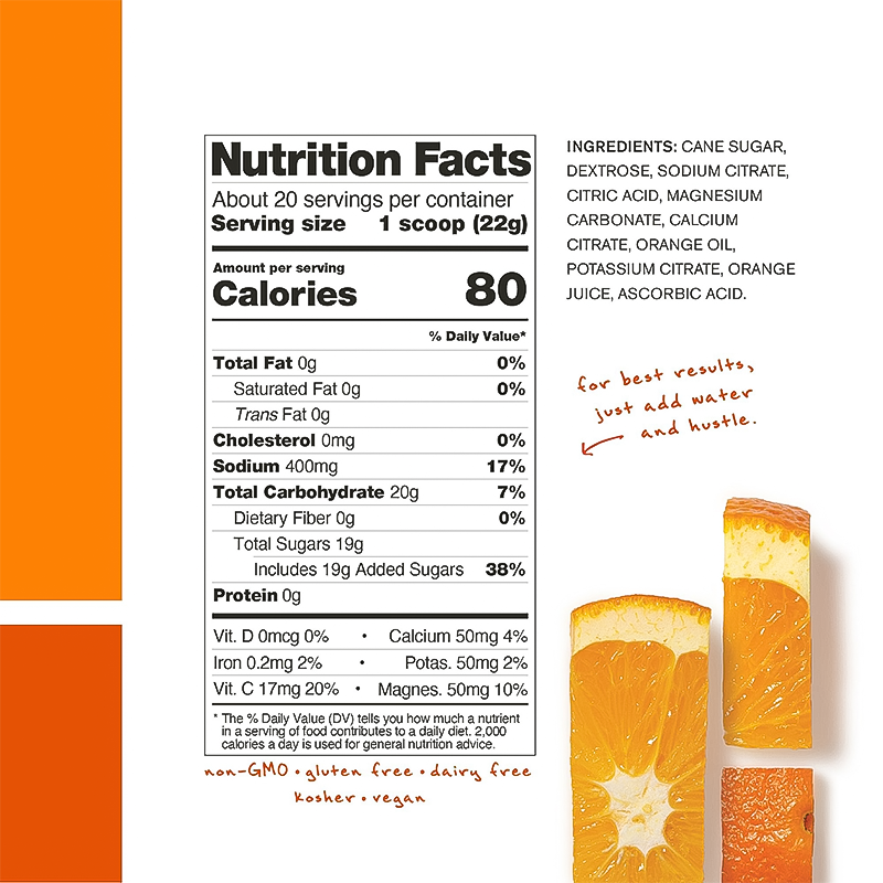 Nutrition facts and ingredients list label for skratch labs orange hydration sport drink mix