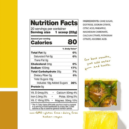 Nutrition facts and ingredients list label for skratch labs pineapple hydration sport drink mix