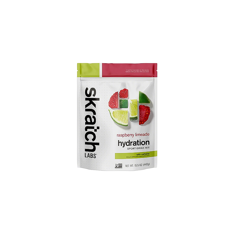 Skratch Labs raspberry limeade hydration sport drink mix with caffeine  15.5 oz package on a white background