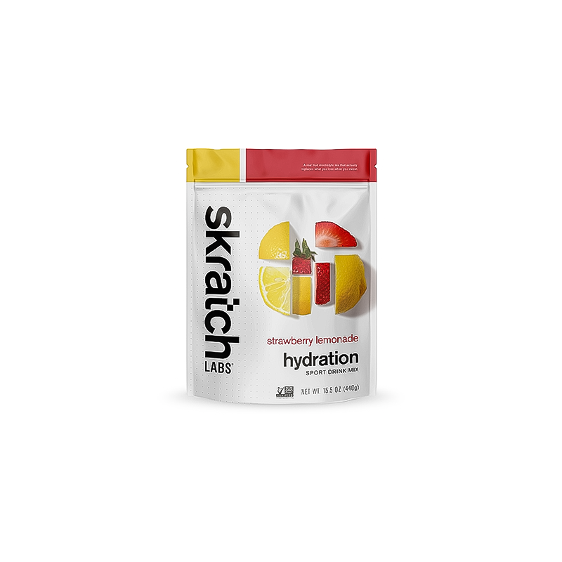 Skratch Labs strawberry lemonade hydration sport drink mix 15.5 oz package on a white background